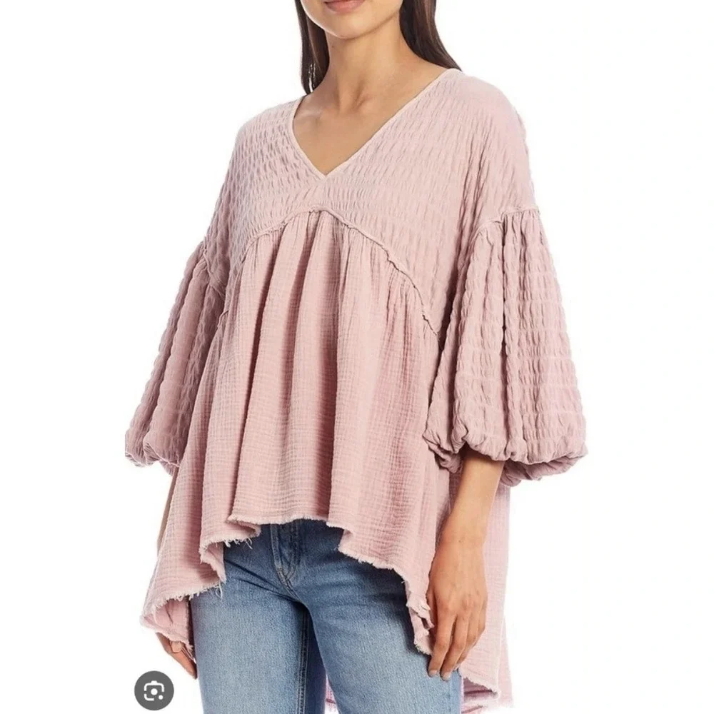 Free People Flower Power Smocked Babydoll Tunic Women's Size Small Purple/Pink - Picture 2 of 5